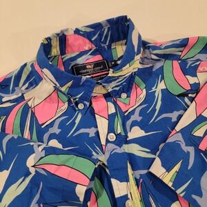 Vineyard Vines Classic Fit Murray Shirt Men Medium Blue Sailing Coastal Boat AOP